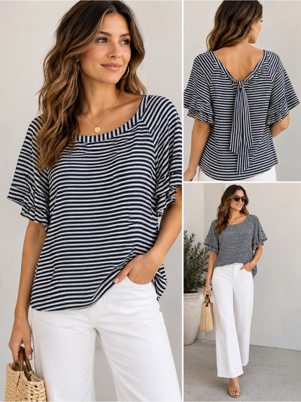 LOFT Outlet Blouse XL Navy White Stripe Tie Back Layered Flutter Sleeve Top